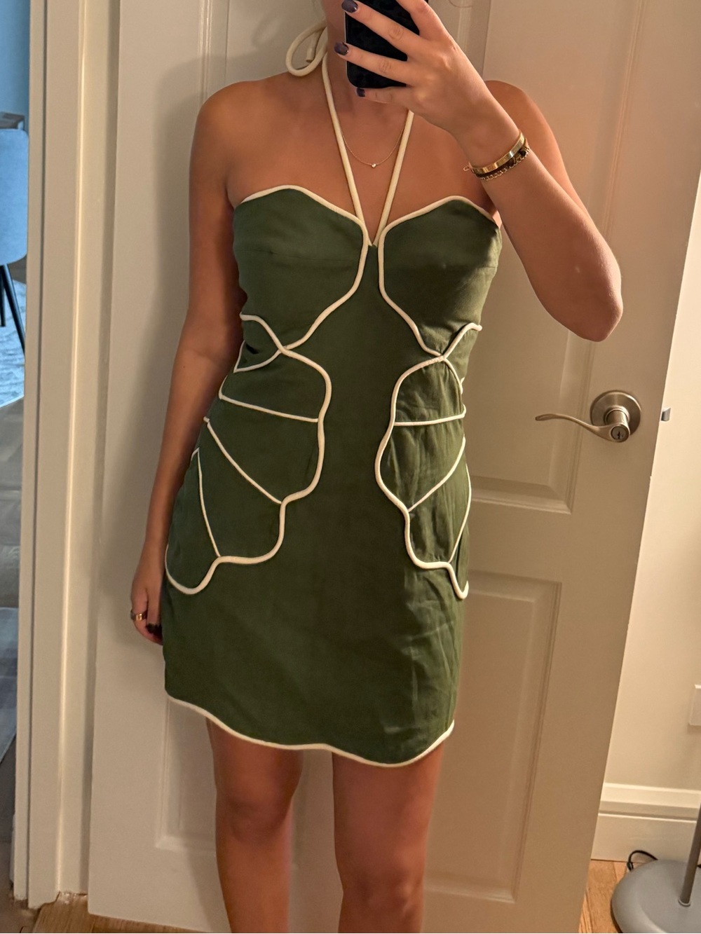 FARM Rio Olive Green Strapless Mini Dress with Cream Piping - Picture 3 of 3